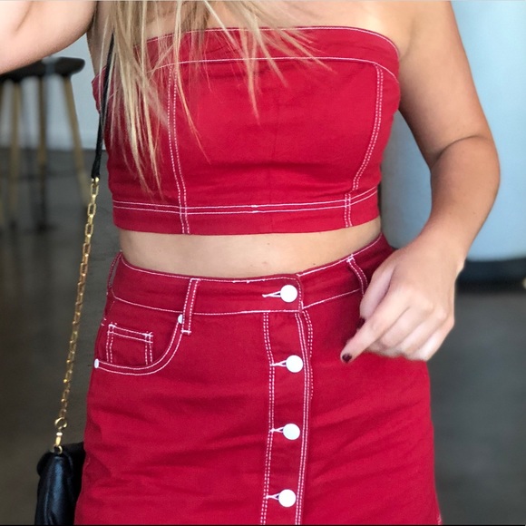red denim two piece